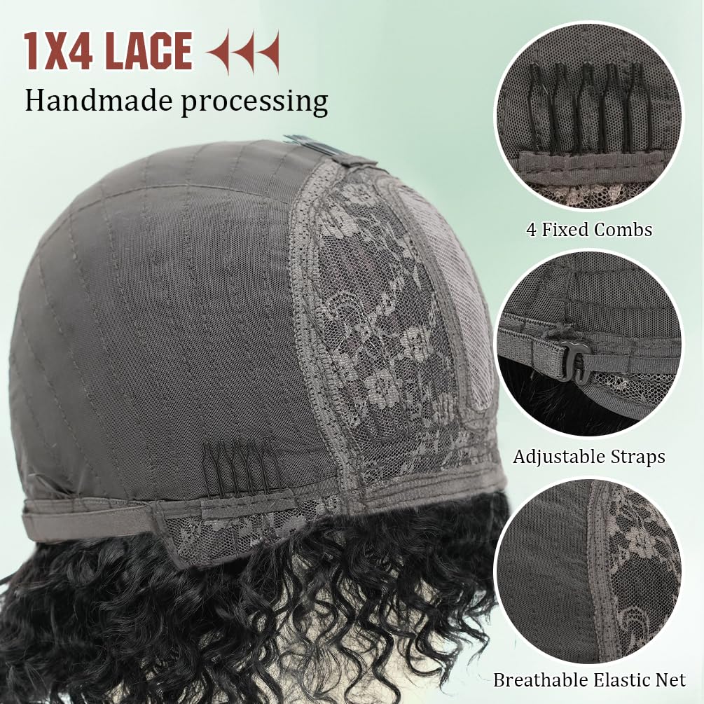 Curly Bang Wig Human Hair 12 Inch Deep Wave Bob Wig with Bangs 200 Density Virgin Brazilian Human Hair Glueless Short Curly Wigs for Black Women Natural Black