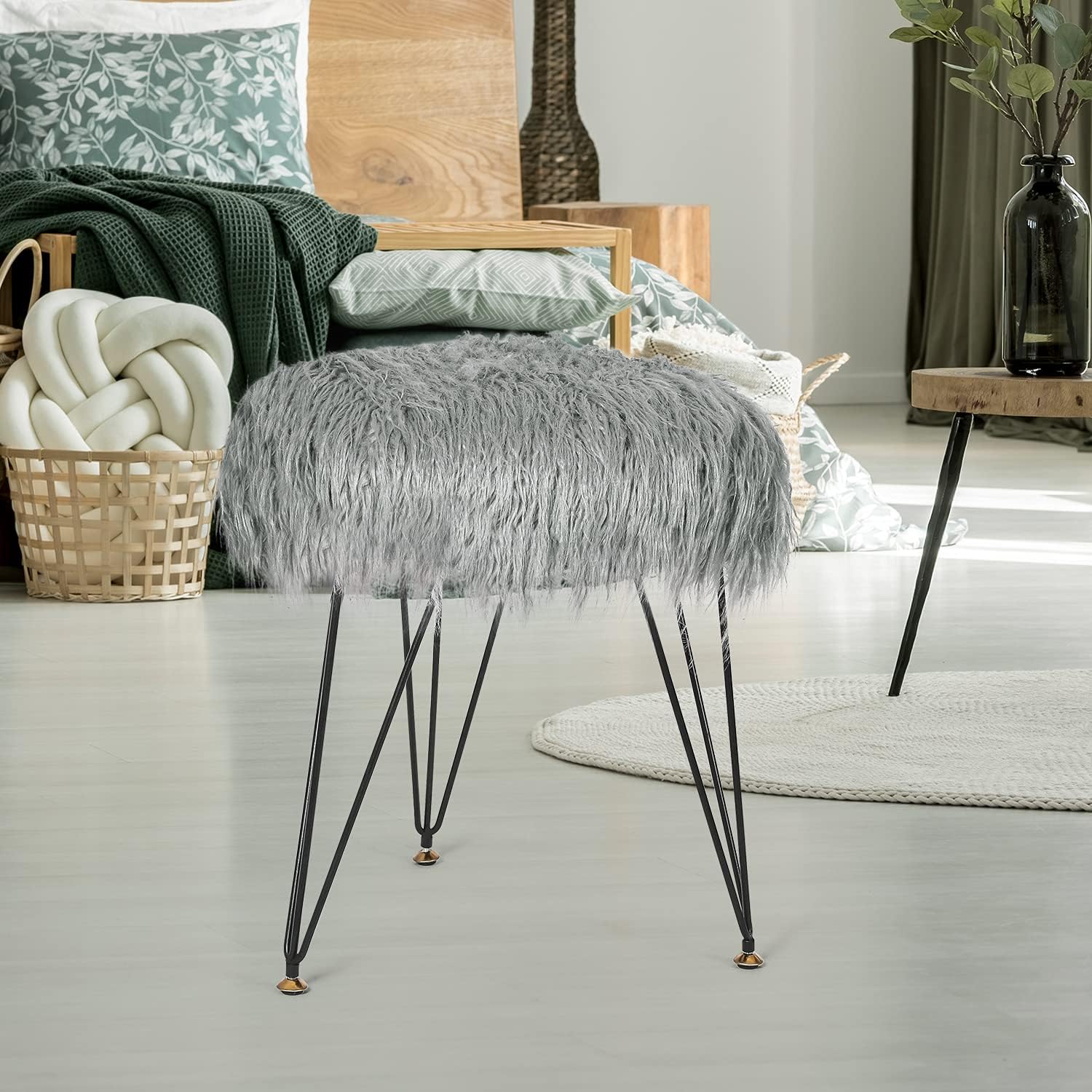 Joveco Vanity Stool Chair, Soft Compact Padded Seat with Metal Legs, Round Small Ottoman Footrest Stool for Makeup Living Room Bedroom (Grey)