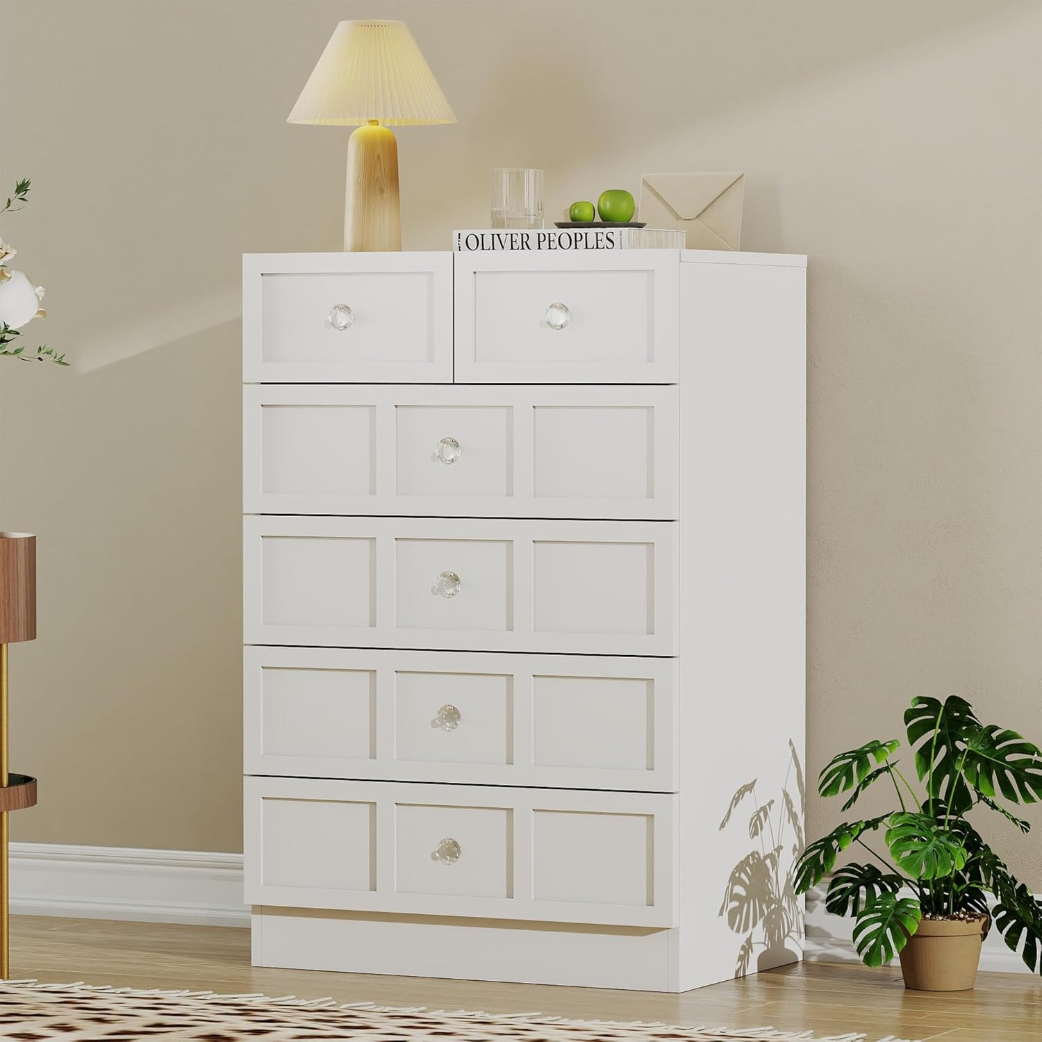 Modern Dressers for Bedroom: White Dresser 24" Wide, Wood Fluted 6 Drawer Dressers Storage Cupboard, Chest of Drawers for Living Room with Silver Handles