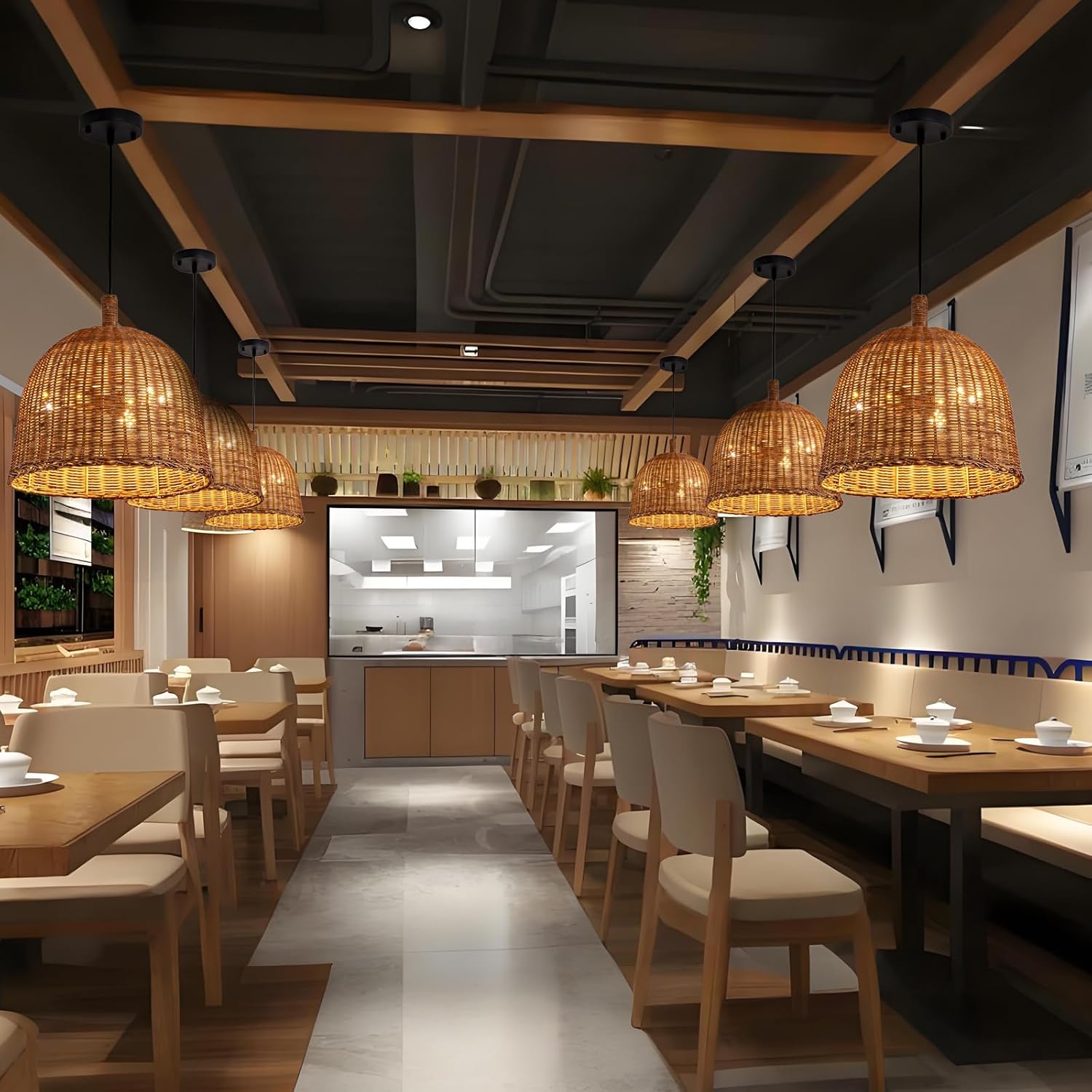 Farmhouse Rattan Pendant Light 3lights 13.8IN Hand Weaving Wicker Dining Room Light Boho Bracket Hanging Chandelier Fixture for Living Room Bedroom Kitchen Island Entry Hallway