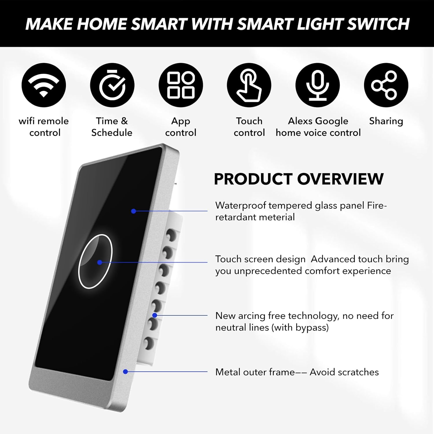 Smart Wall Light Switch, 2.4GHz 1 Gang WiFi Touch Switches, Neutral Wire Required, 3 Way Muti Remote Control Smart Life/Tuya App, Compatible with Alexa, Google Home, Black, 2026
