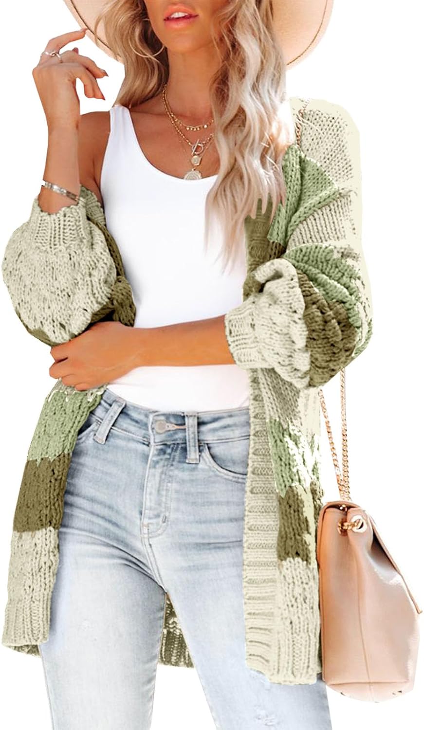 Womens Long Sleeve Color Block Cardigan Striped Open Front Chunky Knit Slouchy Sweaters Outwear Coats