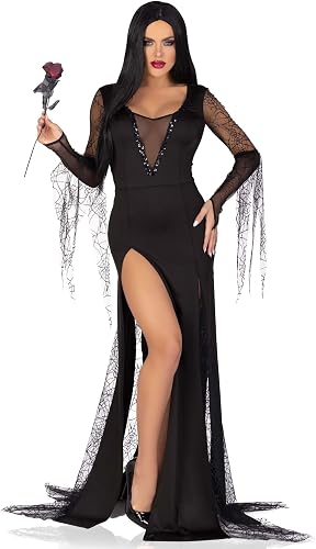 Leg Avenue Spooky Beauty, cuenta con vestido en V profundo sin espalda con ribet