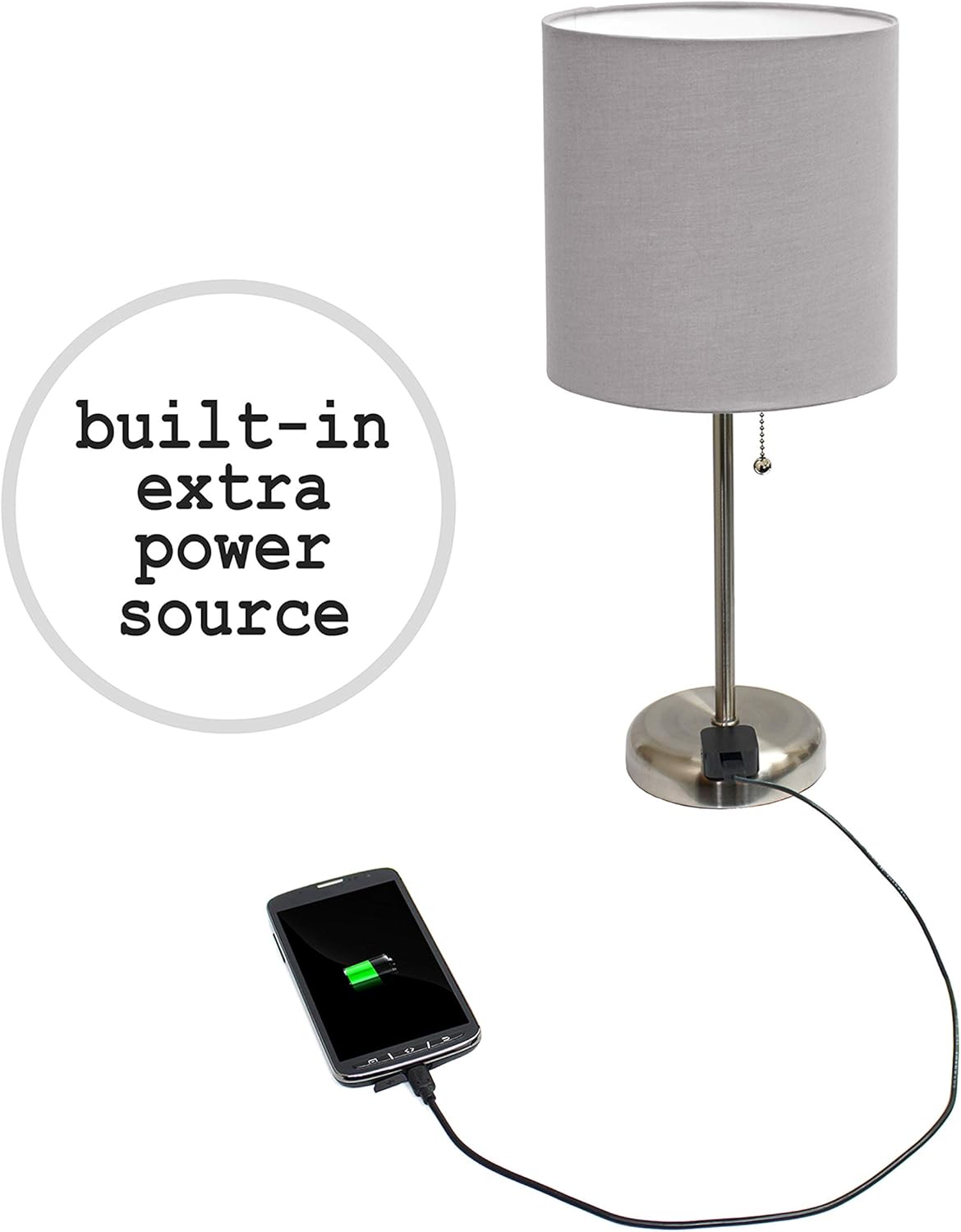 Simple Designs LC2001-GRY-2PK Brushed Steel Stick Table Lamp Set with Charging Outlet and Gray Fabric Shades, 2 Pack Set