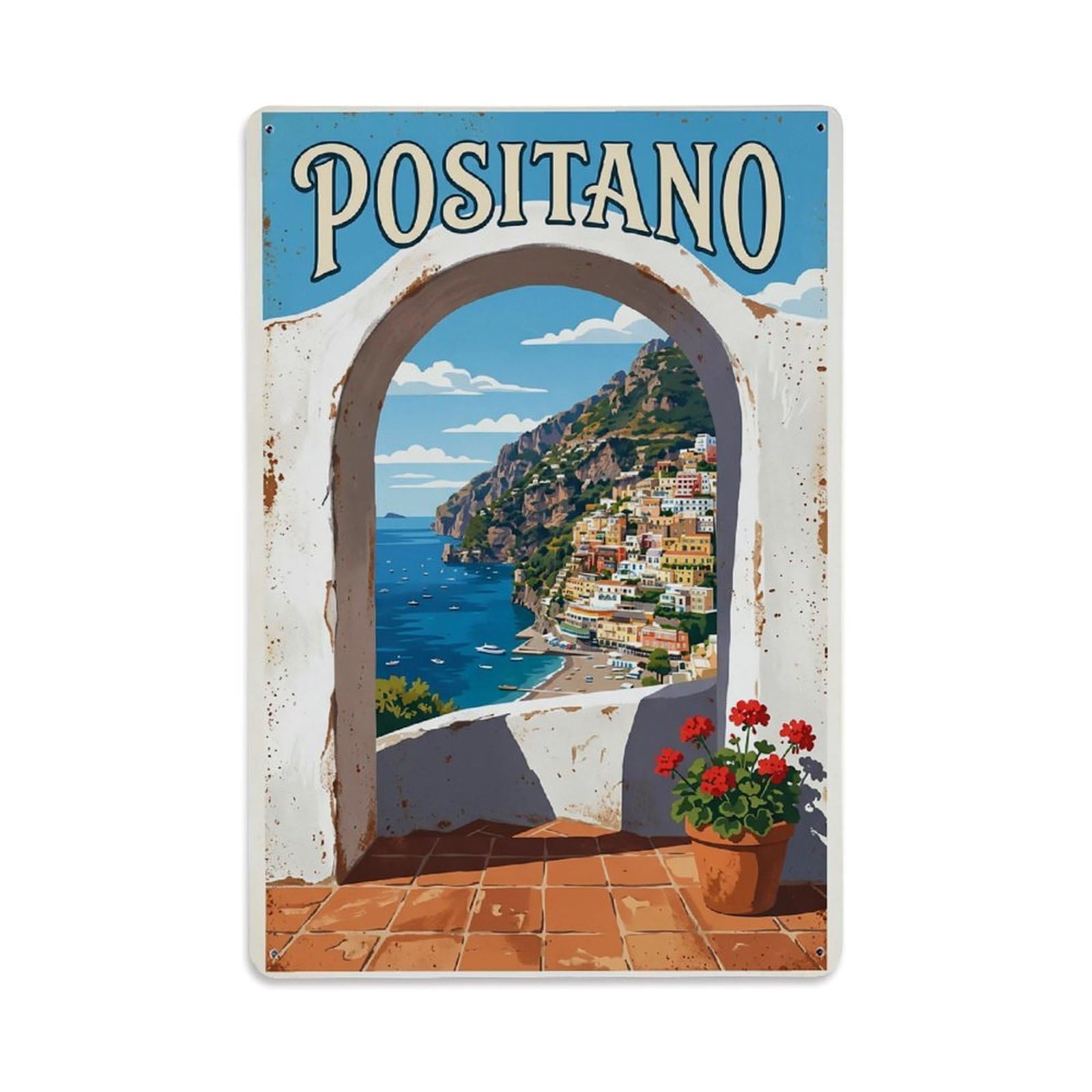 Huiyhb 8X12inch(20X30cm) Vintage Travel Positano Italy Archway Framed Vista Metal Tin Sign