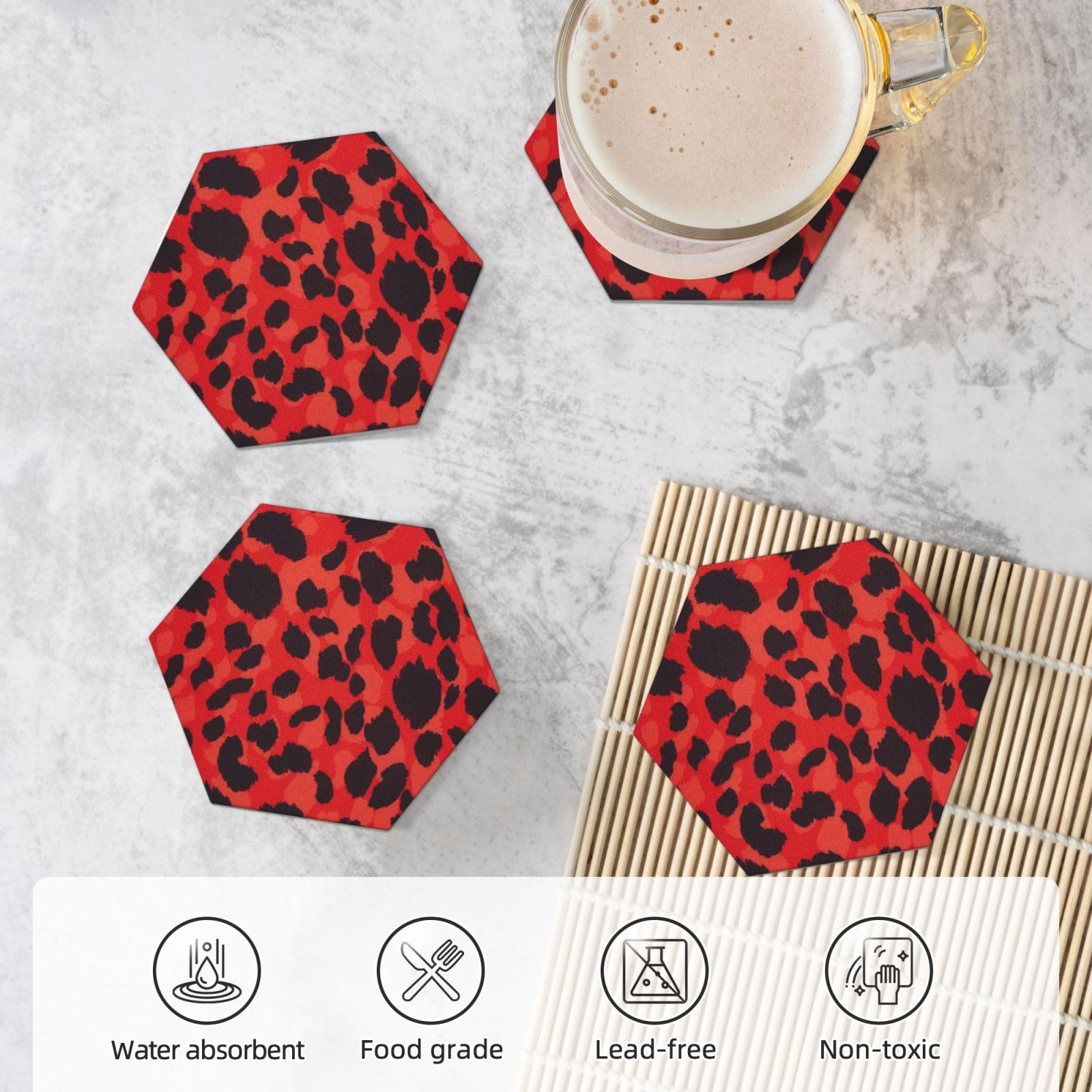 Lot de 4 dessous de verre décoratifs en céramique Motif léopard rouge