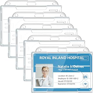 Teskyer Hard Plastic ID Badge Holder, Heavy Duty & High Clear PC Material, Holds 2 Cards, Suitable for Name Work IDs Credit Cards Access Cards, Horizontal - 5 Pack