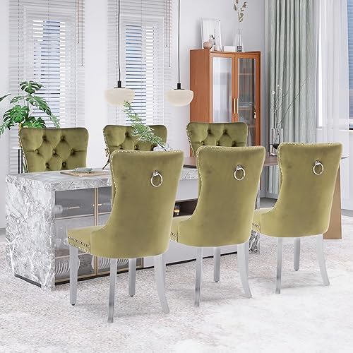 Miniatura 90 de Juego de 6 sillas de comedor de terciopelo, sillas de comedor tapizadas acolchadas con ribete de tachuelas y patas de madera maciza para cocina,