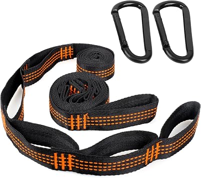 Pack of 2 Hammock Attachment 2 m x 2.5 cm Hammock Suspension Straps with 2 Heavy Duty Carabiners Swing Attachment Rope for Hammock with 6 Loops for Camping Outdoor Hiking