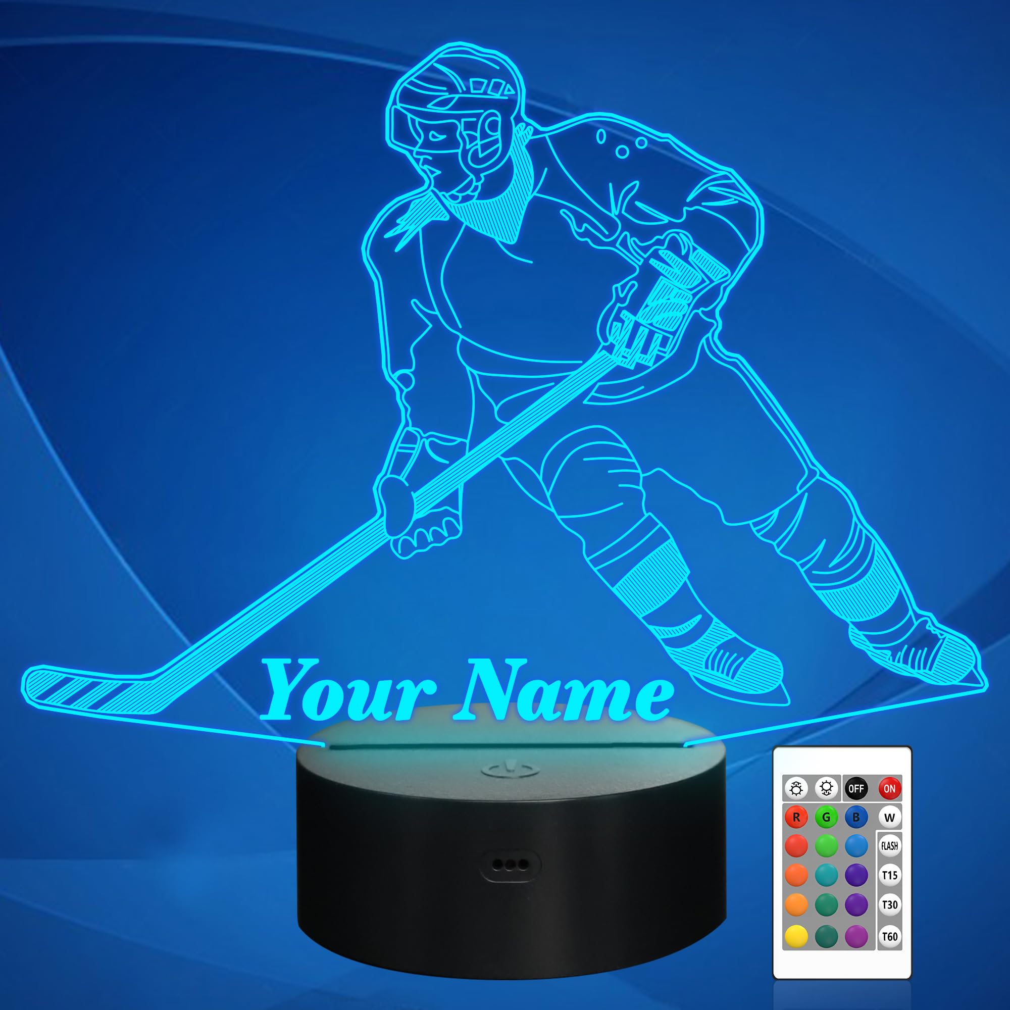 CooPark Custom ice Hockey Gift, Personalized 3D ice Hockey Night Light for Children with 16 Colors Change dimmable Function, Sport Topic Bedroom Decor Cool lamp for Children