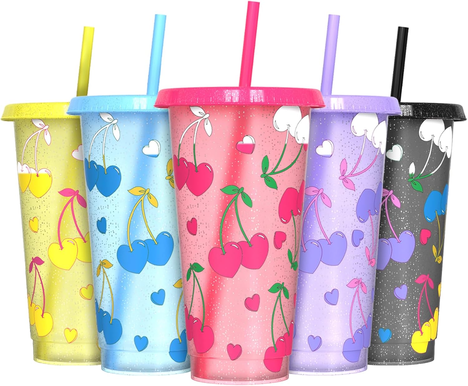 OZMOJOO Color Changing Cups, Plastic Tumblers with Lids and Straws, Reusable Plastic Cups - BPA-Free, Sturdy & Food Safe, Perfect for Iced Coffee, Milkshakes & Smoothies, 5 Pack - Glitter Cherry