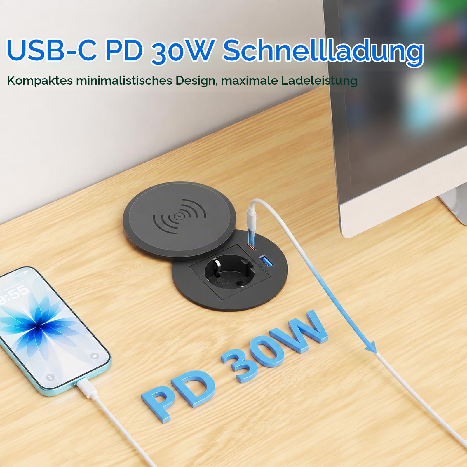 Einbausteckdose mit USB-C PD 30W und 15W Qi-Laden, Ø80 mm