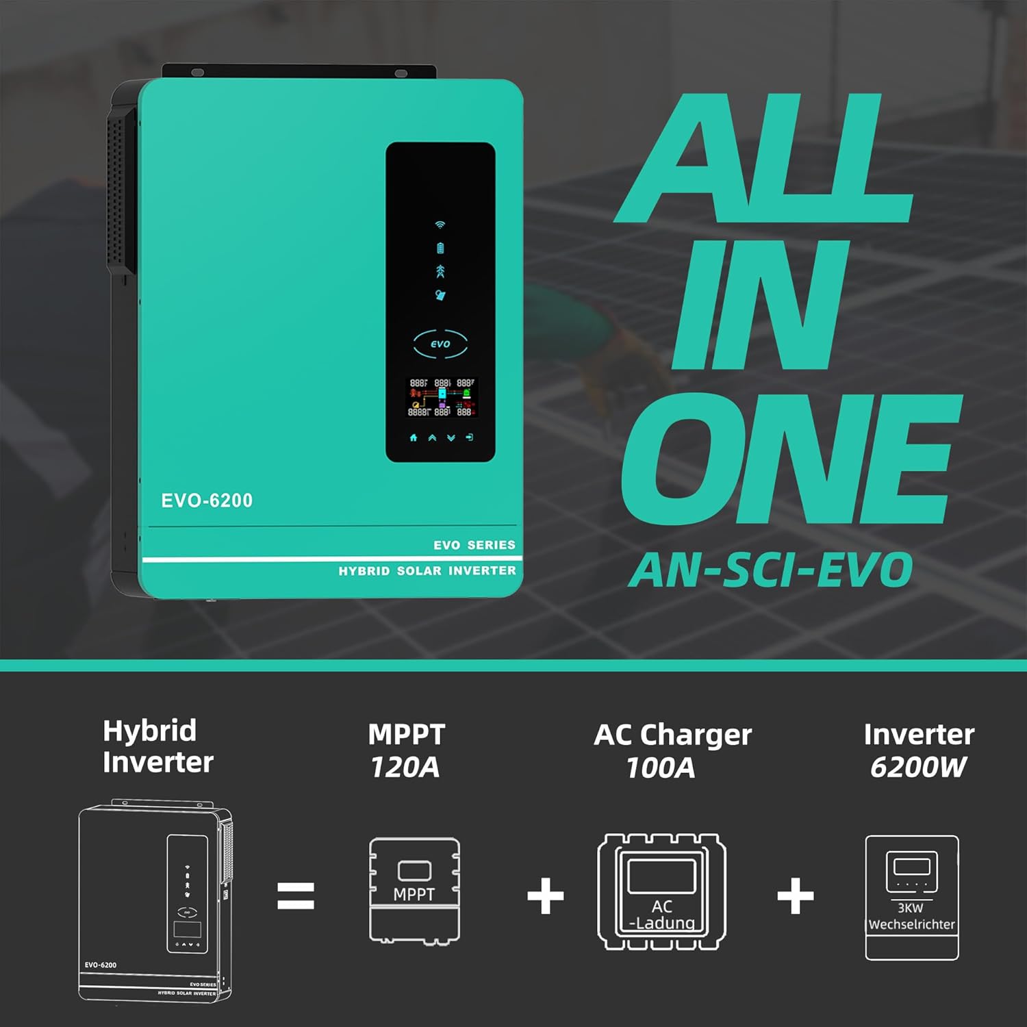 Diagram illustrating the WiFi monitoring capability of the Anern 6200W Hybrid Solar Inverter, showing a smartphone connected to the inverter via WiFi.