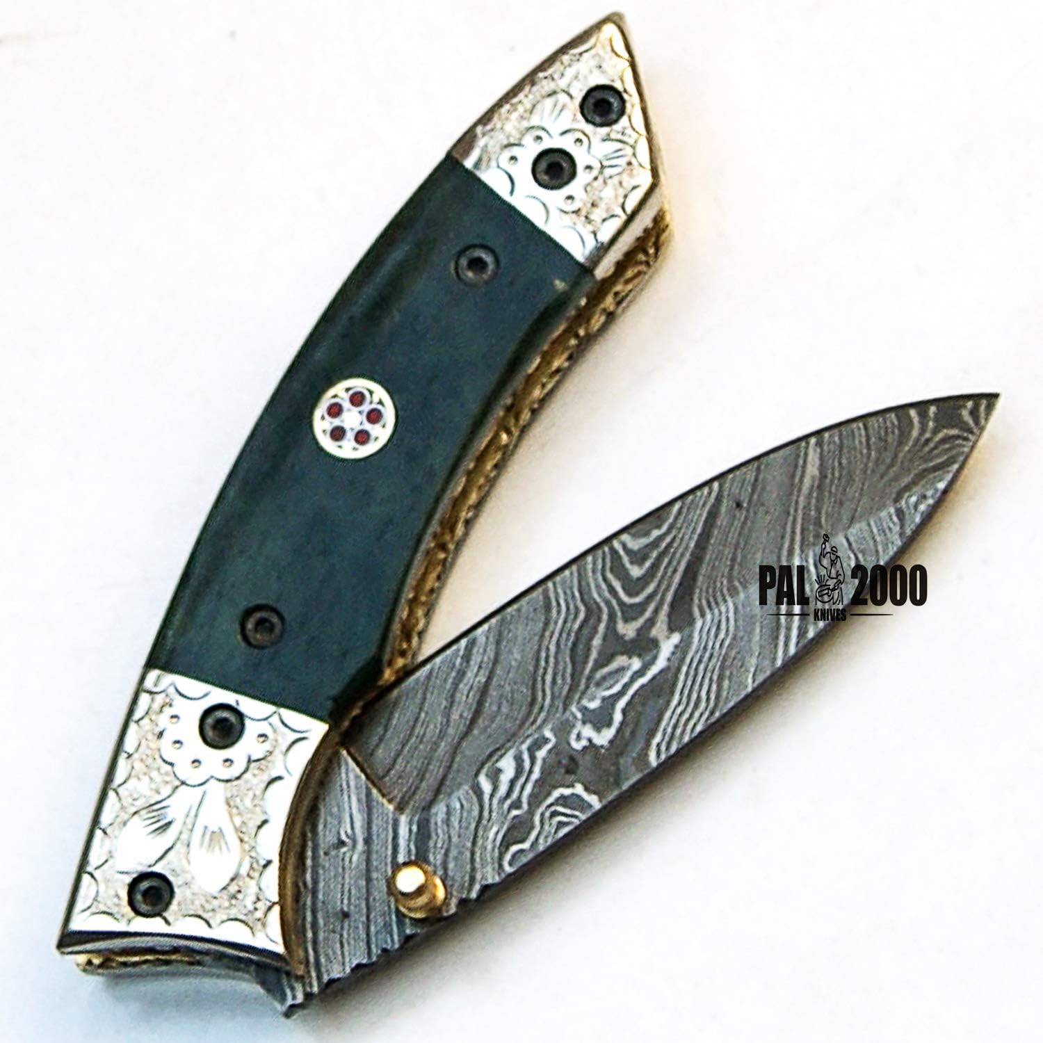 PAL 2000 KNIVES Custom Handmade Damascus Steel 7.4 Inches Folding Pocket Knife - Stained Bone Handle 9455