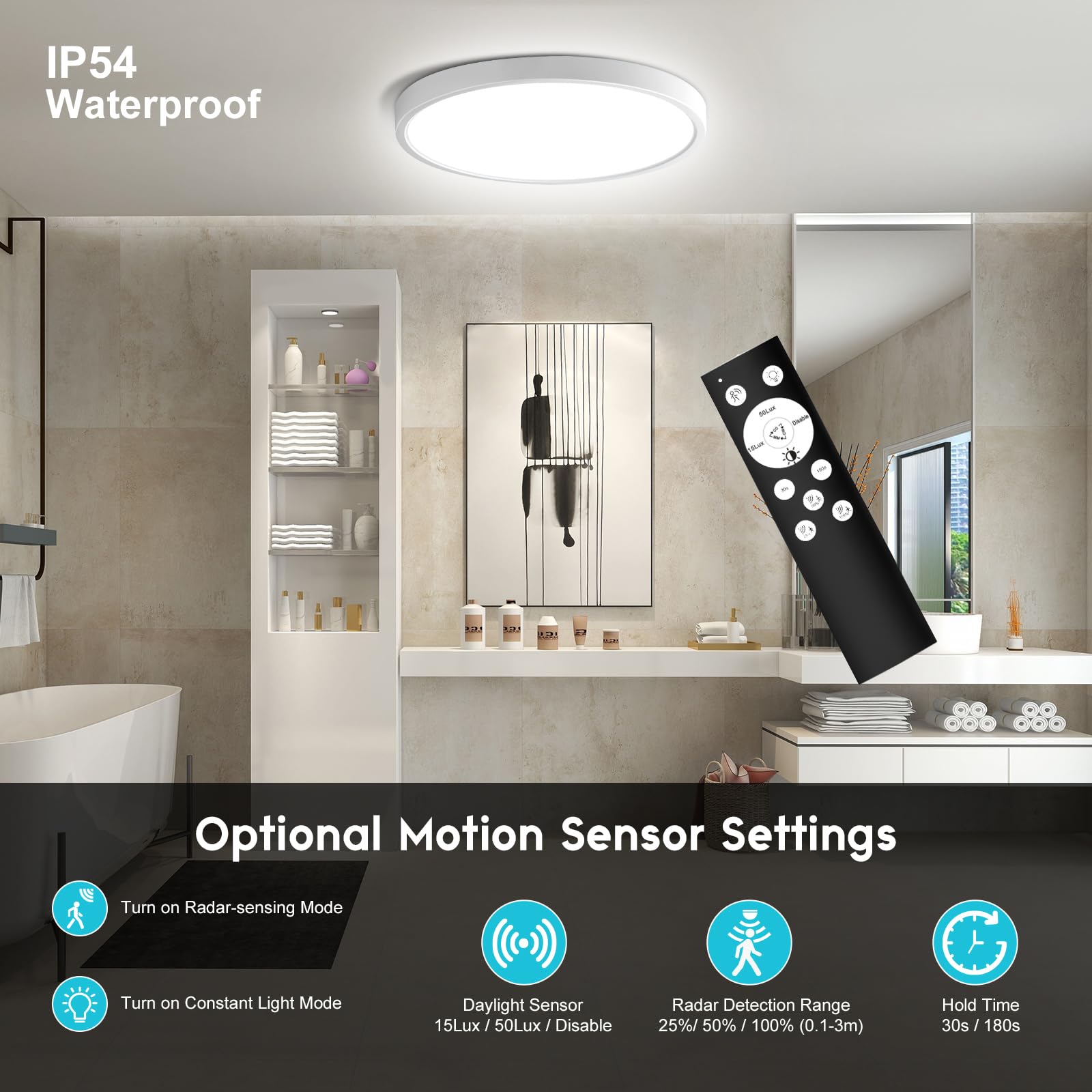 Letlit LED Lamp Wandlamp met Bewegingsmelder Binnen, 18W 1800LM Kelderlamp Plafondlamp, IP54 Wandlamp Vochtige Ruimte Licht voor Plafonds Kelder Hal Trap Garage, 1 stuk