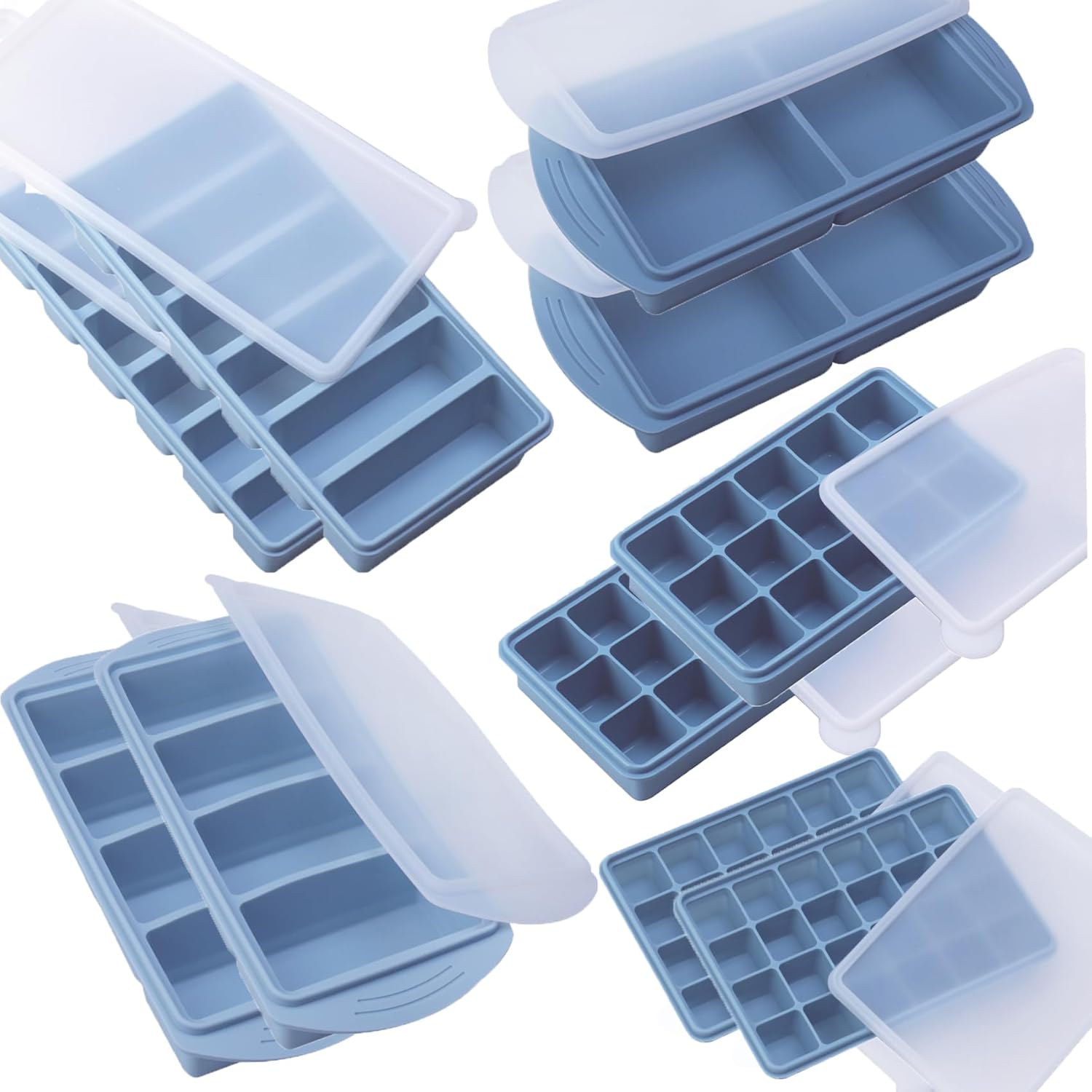 Silicone Freezer Molds Gift Set with 1 Tbsp,2 Tbsp, 1/2, 1, and 2 Cup Silicone Freezer Trays With Lids - Meal Prep and Kitchen Essentials Bundle (Blue 10 Pack)
