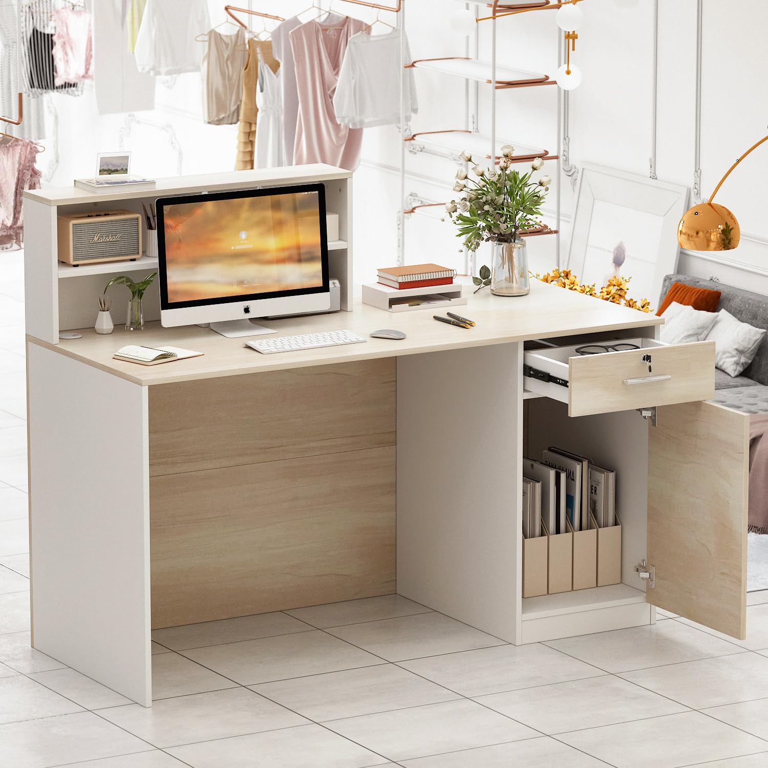 Mesa de recepción, mesa de recepción, mostrador de recepción con compartimentos abiertos, mostradores de recepción con 1 cajón y 1 armario, muebles de oficina, color madera y blanco, 140 X 60