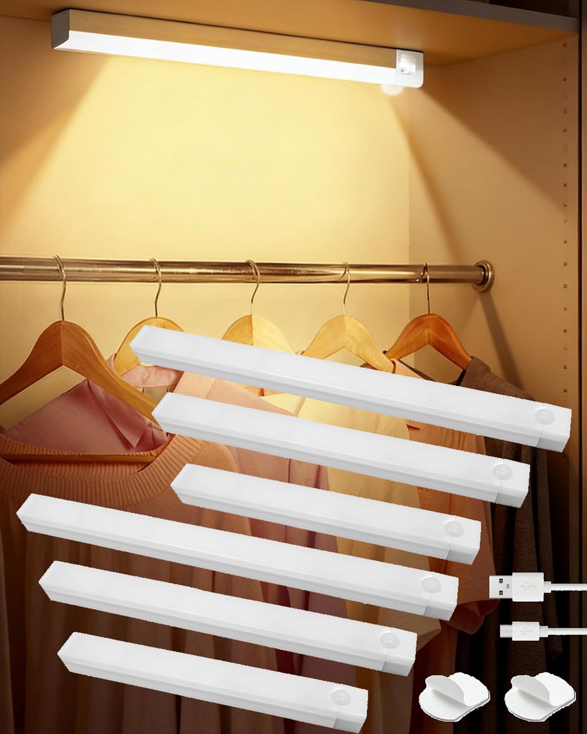 Punch-Free Smart Sensor Magnetic Rechargeable LED Lights, 120° Wide Range Motion Sensor Under Cabinet Lighting, Wireless Self Adhesive Closet Light for Tight Spaces (3 Size,White,6pc)