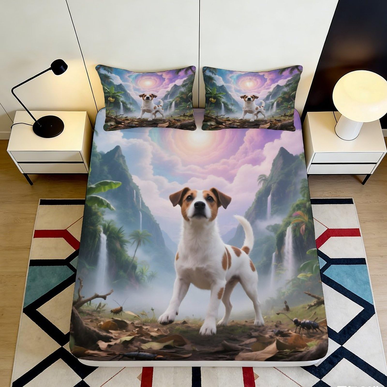 3D Printed Scenic Dog Fitted Sheet Microfiber Soft Durable Mystical Landscape Bed Cover for Bedroom Dormitory Guest Room Mattress Protection 180x200x25cm