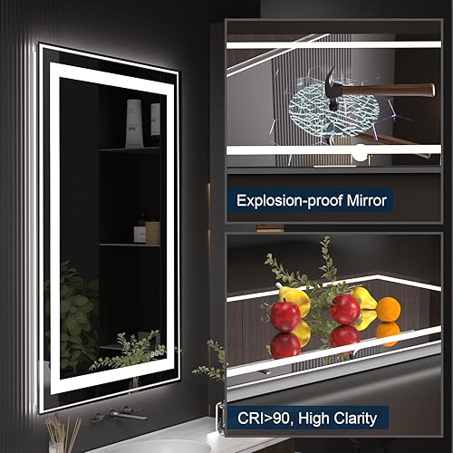 Miniatura 7 de Espejo de baño LED de 32 x 24 pulgadas, espejo LED frontal y retroiluminado para baño, espejo de tocador LED antiniebla, 2700K-6000K, espejo de