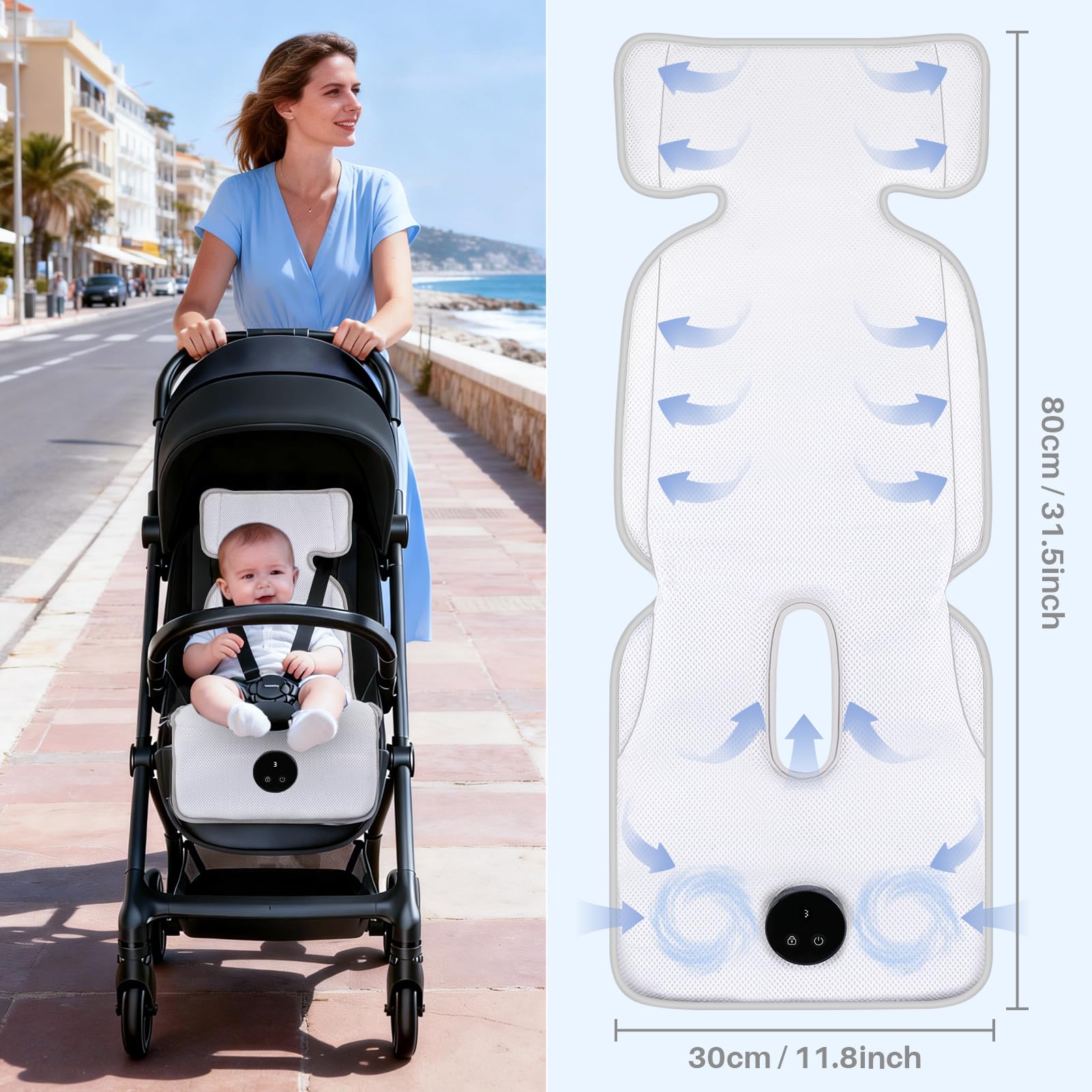 Sendowtek Colchoneta Silla Paseo Universal, Almohadilla Carro Bebe de Malla 3D Aireada con Ventilador Ajustable, Funda Silla PaseoTranspirable para Verano Exterior Interior Cuna Silla de Auto