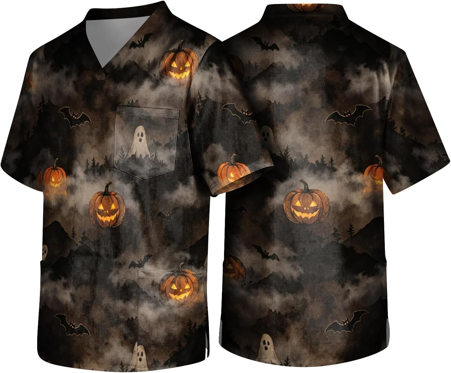 Scrubs for Men Halloween Scrub Top Horror Skull Pumpkin Bats Print V Neck Short Sleeve Plus Size Nurse Uniform