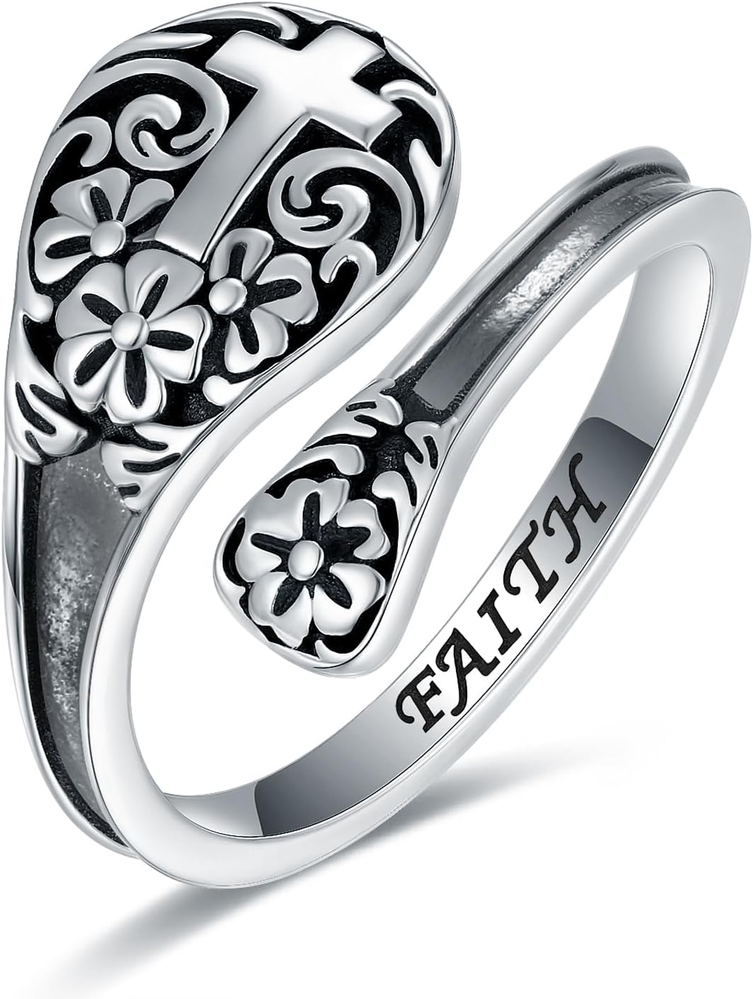 925 Sterling Silver Turquoise Cross Spoon Ring - Oxidized Vintage Flower Faith Rings Adjustable Size Inspirational Jewelry