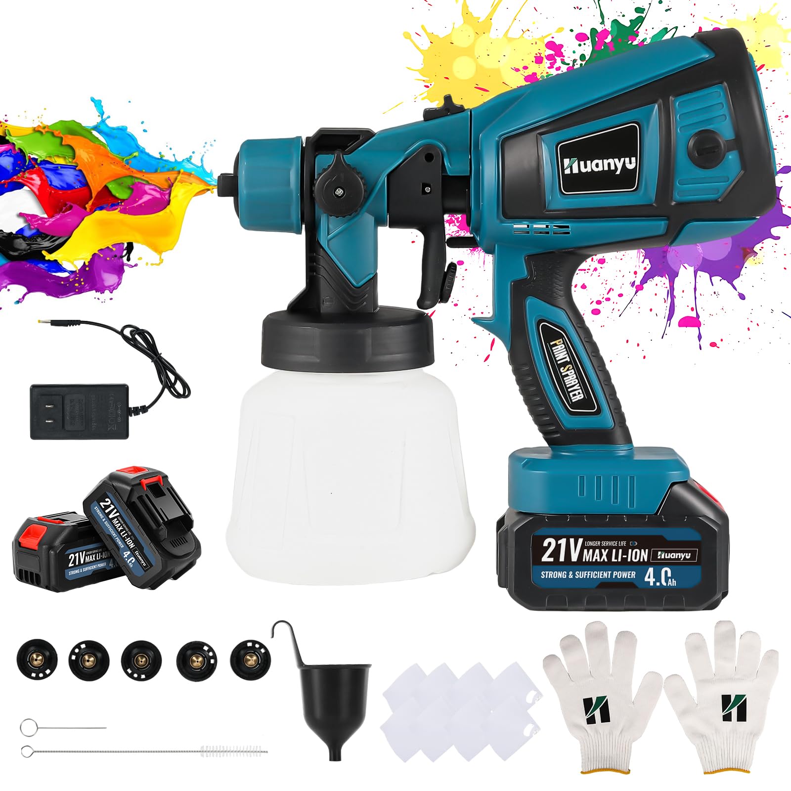 Huanyu Pulverizador de Pintura sin Cable,5 boquillas,3 Modos(CN6000, Azul) | 2 * Baterías de 21V 4.0Ah, 900ml, Pulverizador de Pintura eléctrico, Pintura para muebles y casa