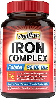 Iron Supplement for Women & Men, with Vitamins C, B6, B12 & Folate for Iron Deficiency, Blood Building & Energy Support, Stomach Friendly, Better Absorption, Non-GMO, No Gluten, 90 Vegan Caps