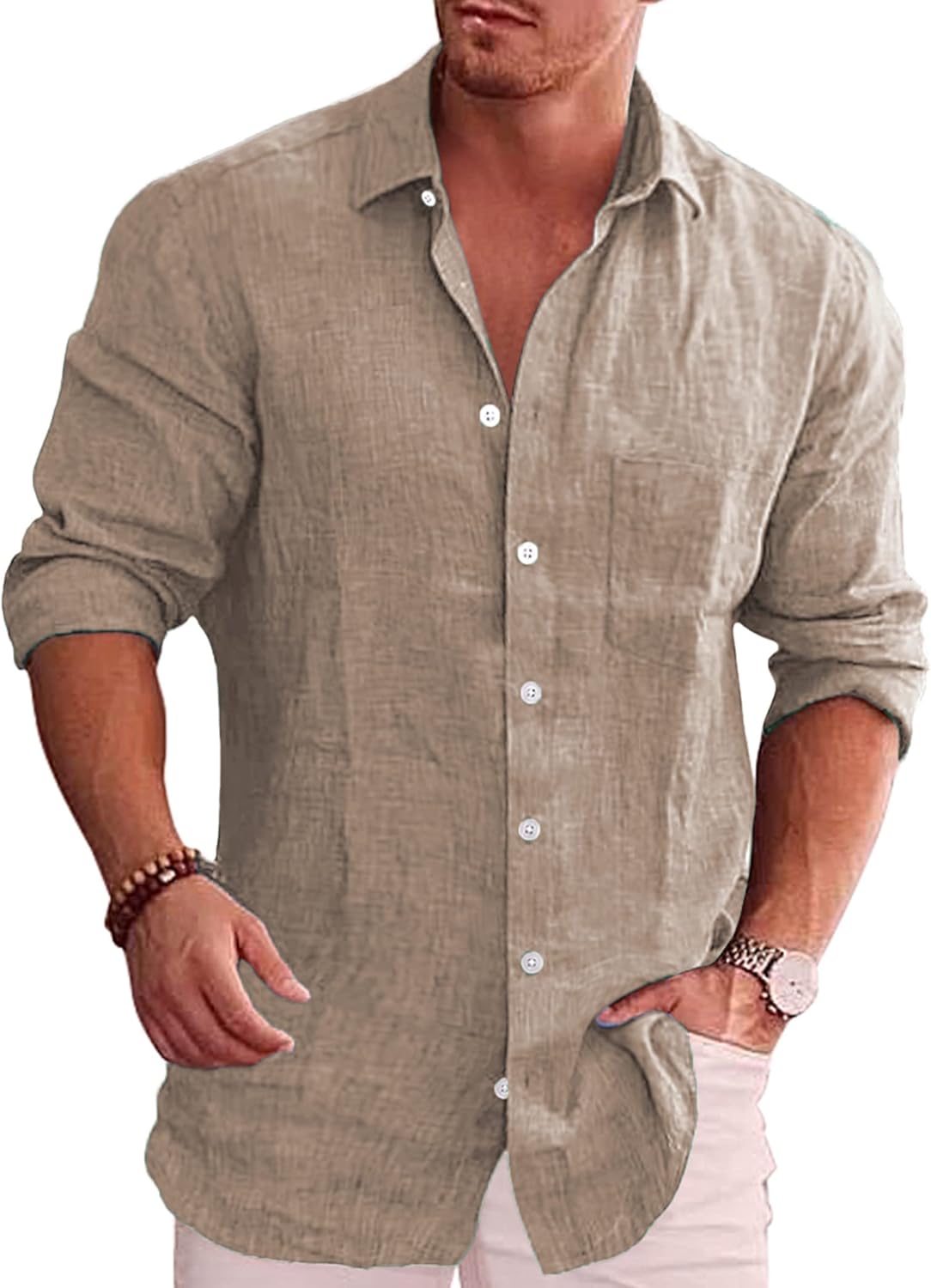 COOFANDY Men's Casual Button Down Shirt Long Sleeve Linen Chambray Shirt