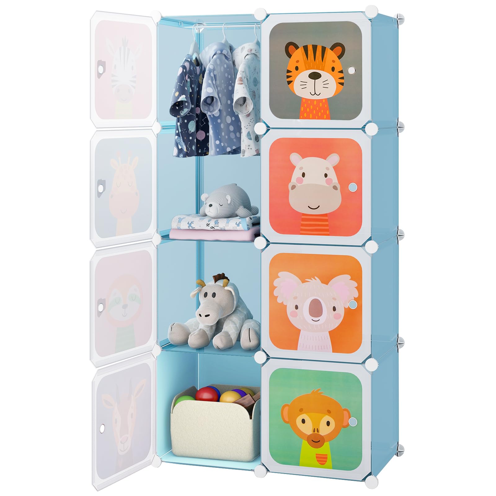 GOPLUS Armario Modular Infantil 8 Cubos Plásticos 35×35 cm Almacenaje Juguetes Barra Suspensión 75x35x145 cm Azul