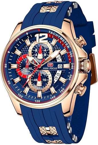 Mini Focus Mens Watch Casual Fashion Wrist Watches Chronograph/Waterproof/Luminous/Calendar Silicon Band Quartz Watches for Men, Blue, Chronograph, Quartz Watches, ssh-df-467