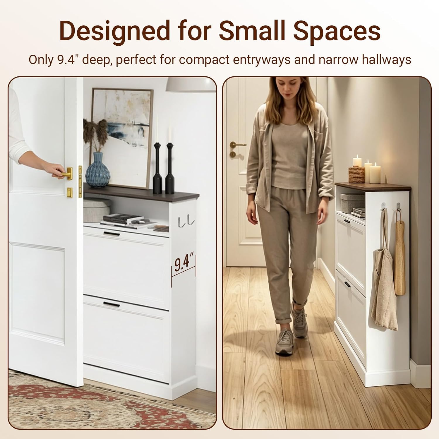 Image showing the adjustable shelf feature within a flip drawer, allowing for single or double layer shoe storage.
