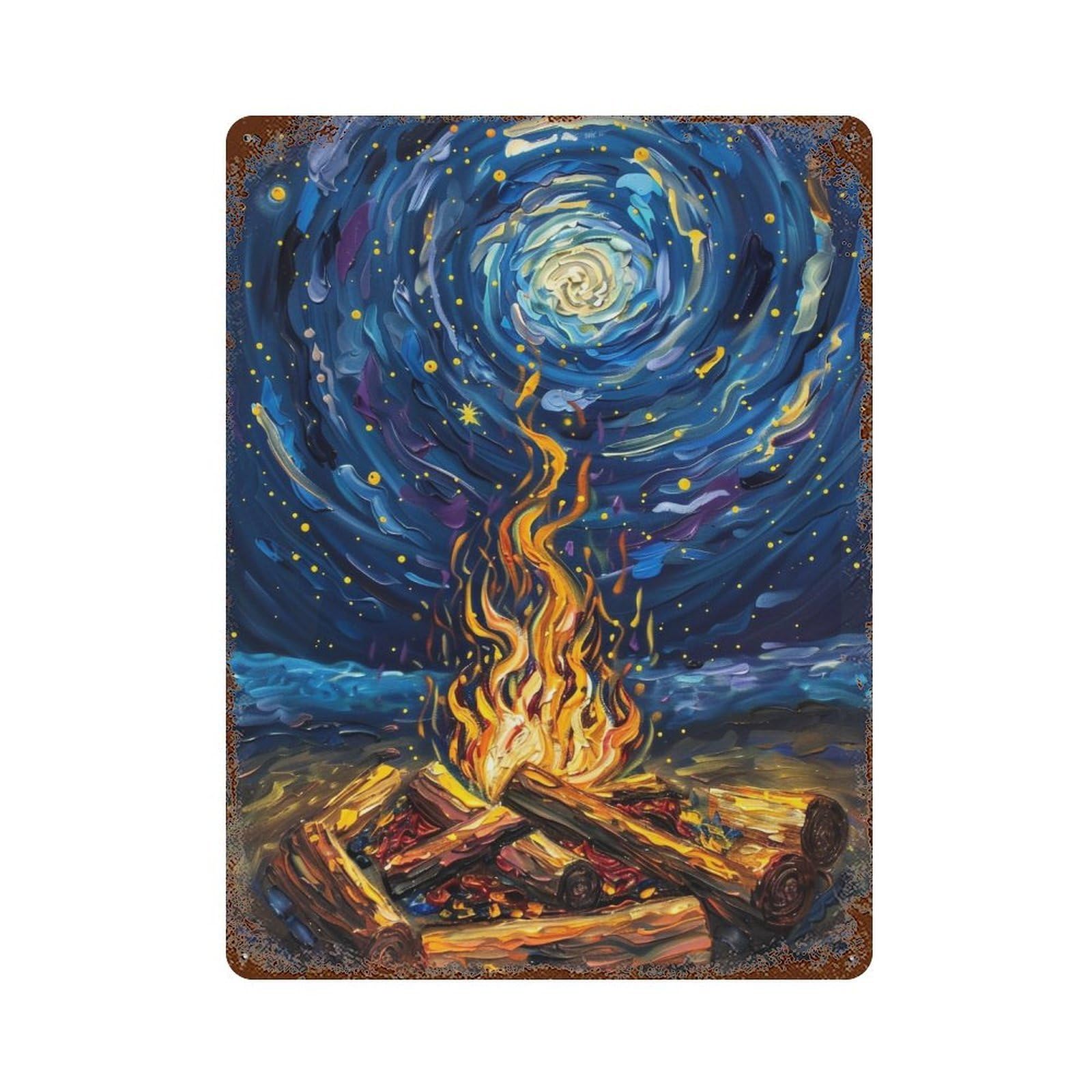 WIHYRTUI Post Impressionist Twirl Indigo Night Flaming Bonfire 03 Wall Retro Iron Metal Tin Sign Vintage Art Poster Modern Home Cofffee Club Art Bar Shop Decor Style 40x30cm