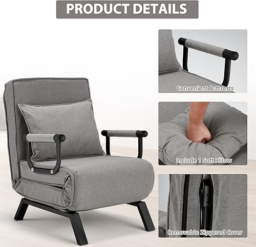 Miniatura 4 de Haddockway Sofá cama para una sola persona, sofá cama convertible tumbona, sillón plegable con almohada y respaldo ajustable de 5 posiciones, cama