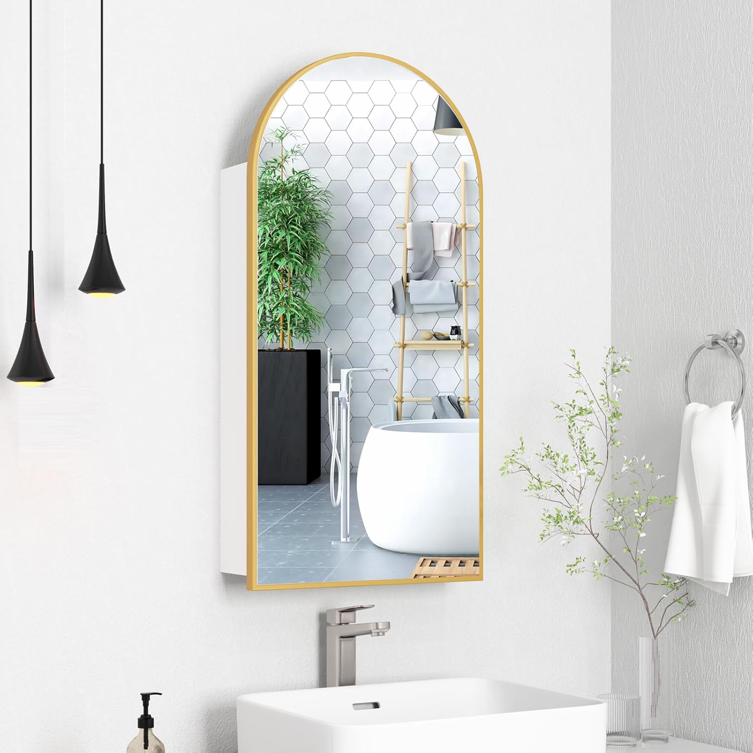 Gold Arched Medicine Cabinet with Mirror, Bathroom Mirrored Medicine Cabinet Organizer, Surface Wall Mount, Bath Vanity Mirror with Storage, 3 Adjustable Shelves, 16x31 Inch