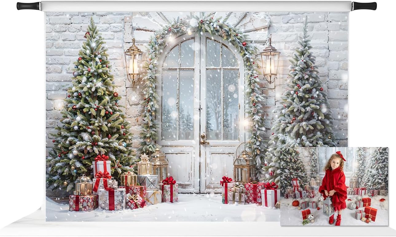 Kate Christmas Snow Tree Backdrop for Photography Winter Door Brick Wall Background for Pictures Photo Studio Props (7x5ft)