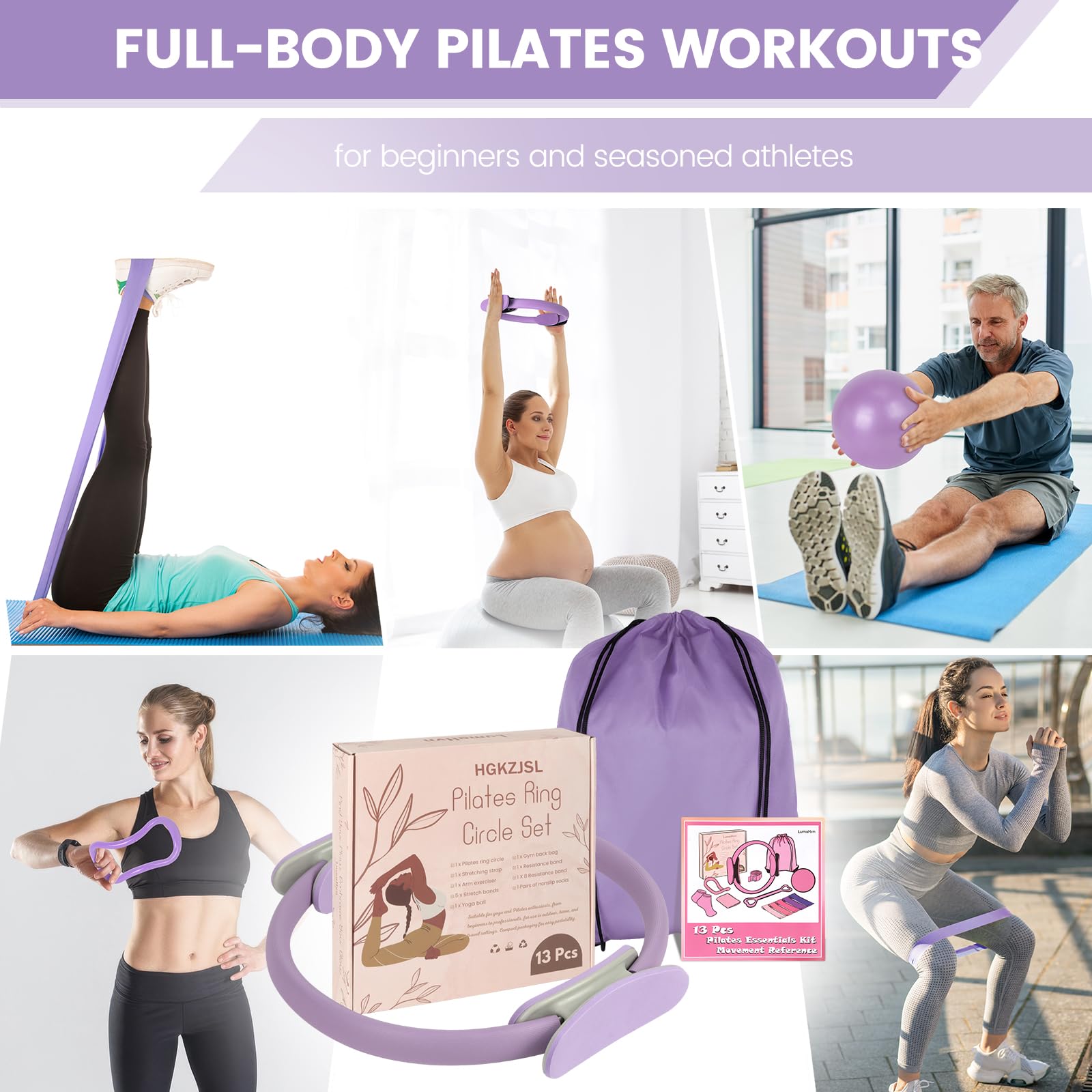 HGKZJSL Home Pilates Essentials Kit for Women,Pilates Equipment Set with 9 Inch Yoga Ball,Figure 8 Resistance Band,Pilates Bands & Accessories,Pilates Ring and Ball Set for Beginners Home Workouts: Lavender