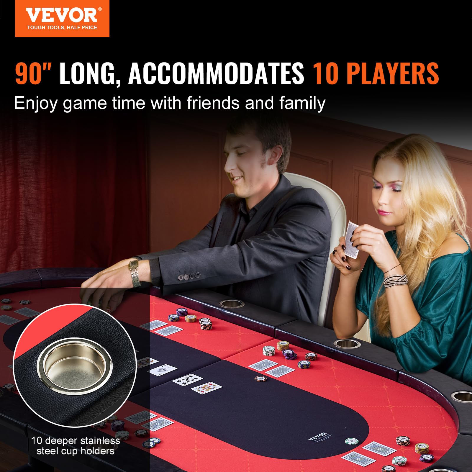 VEVOR Składane szyny Blackjack Texas Holdem Poker dla 10 graczy, wyściełane szyny i uchwyty na kubki ze stali nierdzewnej, przenośna składana gra planszowa, 229 cm, owalny stół rekreacyjny w kasynie