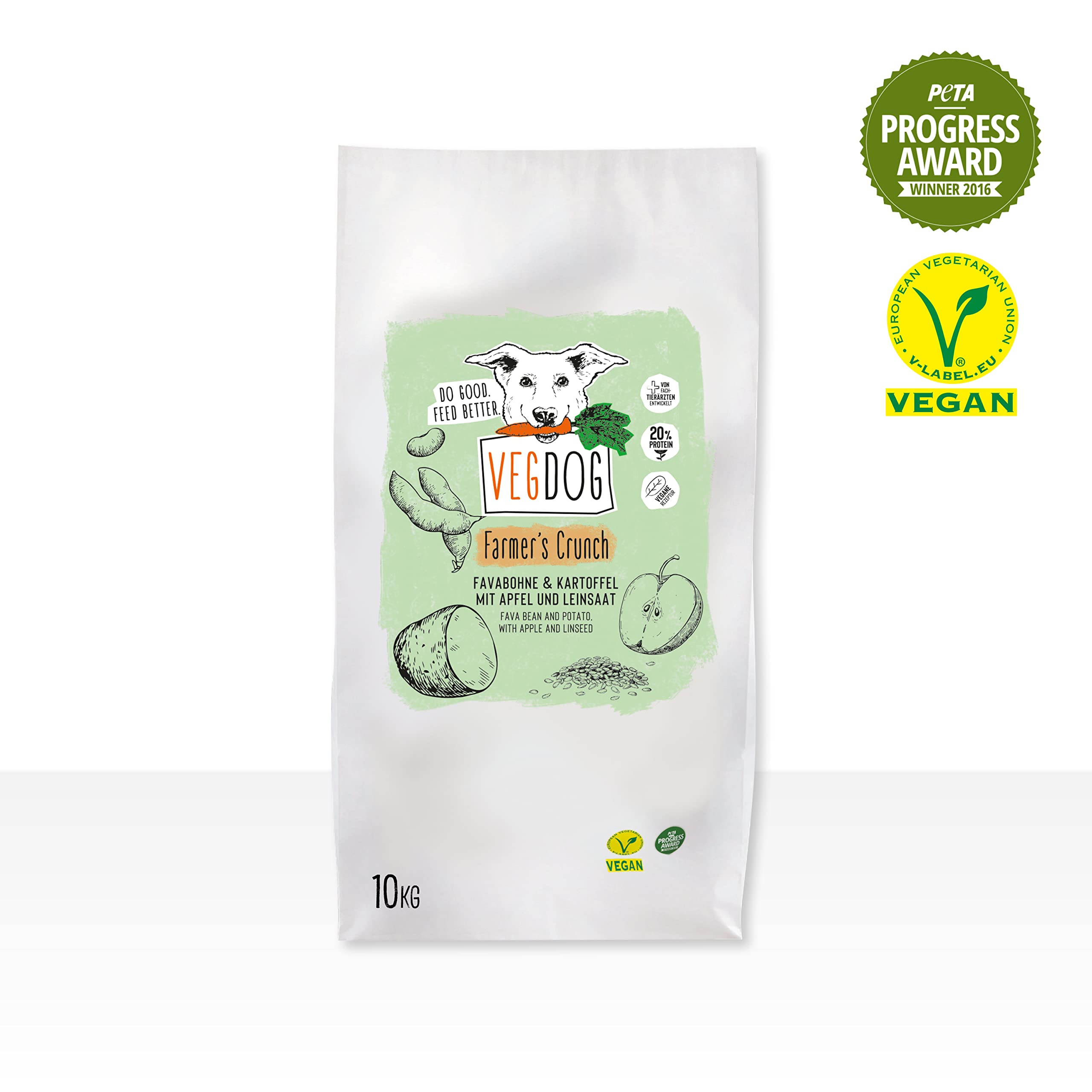 VEGDOG Farmer's Crunch Crocchette Ipoallergeniche (10 kg) | Cani Adulti | Senza Glutine e Soia, Povero di Purine | Alimento Completo per Allergici con Proteine di Patata