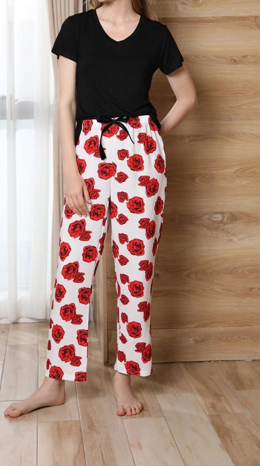 Donna Pigiama Estivo Due Pezzi,Stampa Rosa Rossa Donna Estate Manica Corta Pigiama Set 2 Pezzi Morbido Pigiama alla Moda Loungewear Regalo Festa della Mamma per Moglie Fidanzata Mamma