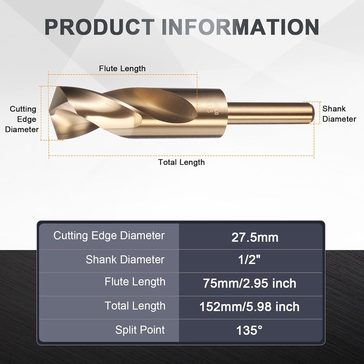 uxcell 27.5mm Drill Bit 1/2" Reduced Shank Round M2 High-Speed Steel Twist Gold Finish 135° Bits for Hard Metal Stainless Steel 27.5mm 1/2" Shank