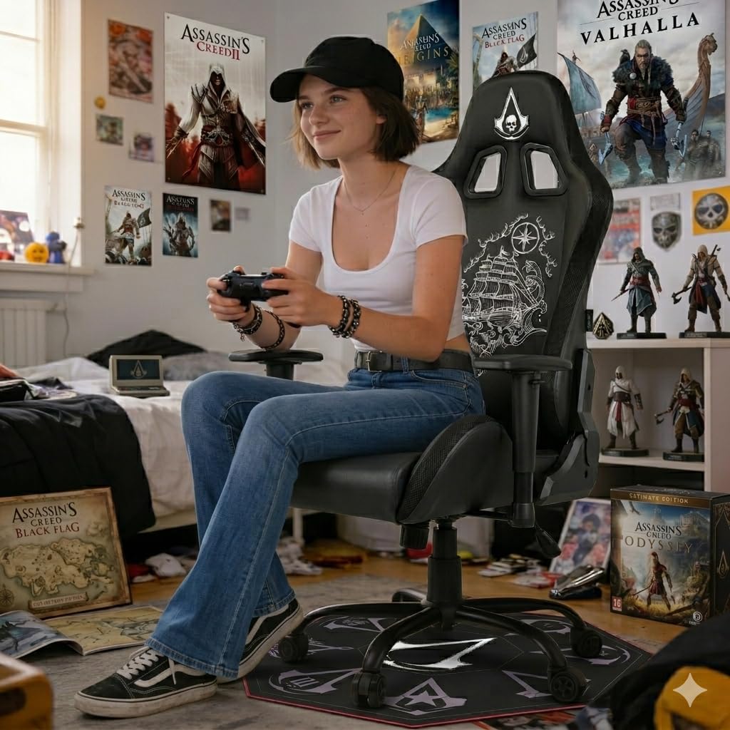 Subsonic - Assassin’s Creed Black Flag Gaming-Stuhl - Ergonomischer Bürostuhl mit hochdichtem Schaumstoff, neigbarer Rückenlehne und 2D-verstellbaren Armlehnen - Höhenverstellbar – Schwarz
