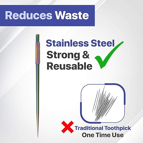 Miniatura 2 de Paquete de 3 palillos de dientes de metal coloridos, palillos de dientes reutilizables de acero inoxidable con agarre moleteado, palillos de dientes
