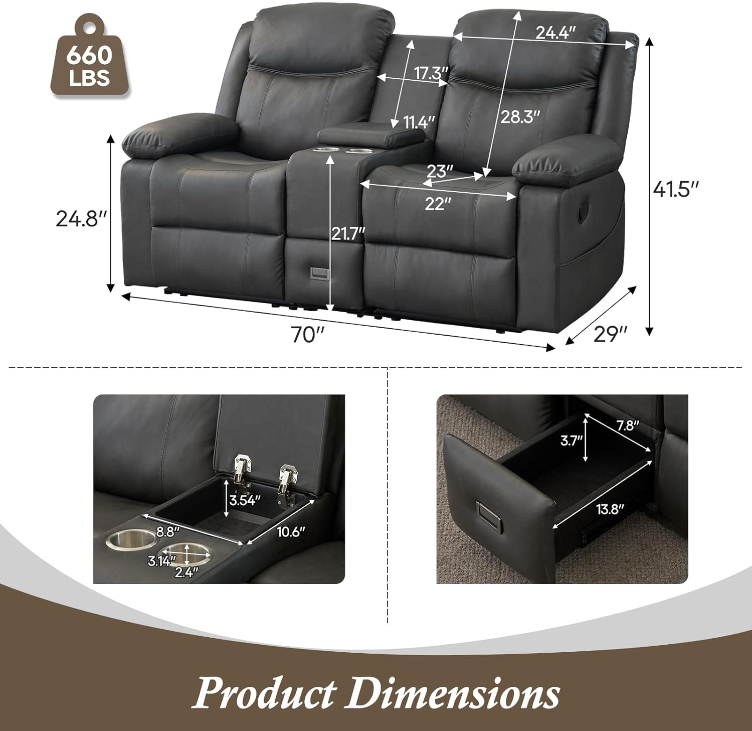 Loveseat Recliner, Reclining Sofa with Console, Double Reclining Couch, 2 Seater Manual Massage Couch for Living Room, Office, Home Theater(PU-Grey)