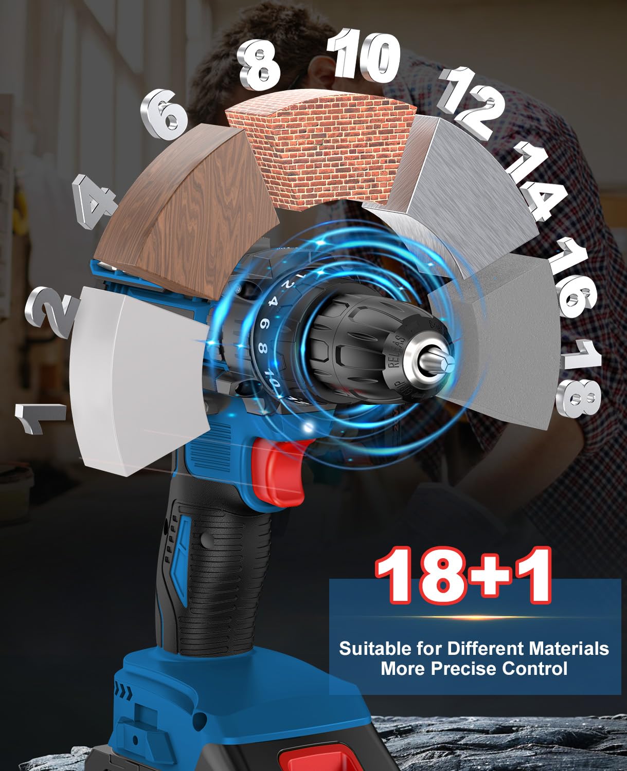 Perceuse Visseuse Sans Fil 21V, Visseuse Devisseuse Sans Fil avec Batterie 2.0Ah, 42Nm Percussion, 18+1 Réglages de Couple, 22 Accessoires, 2 Vitesses, LED, pour le Bricolage, Bleu