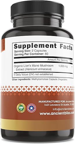 Miniatura 2 de Ancient Bliss Suplemento de melena de león (suministro de 2 meses)- 120 cápsulas veganas de hongos, puede apoyar la claridad mental, la energía