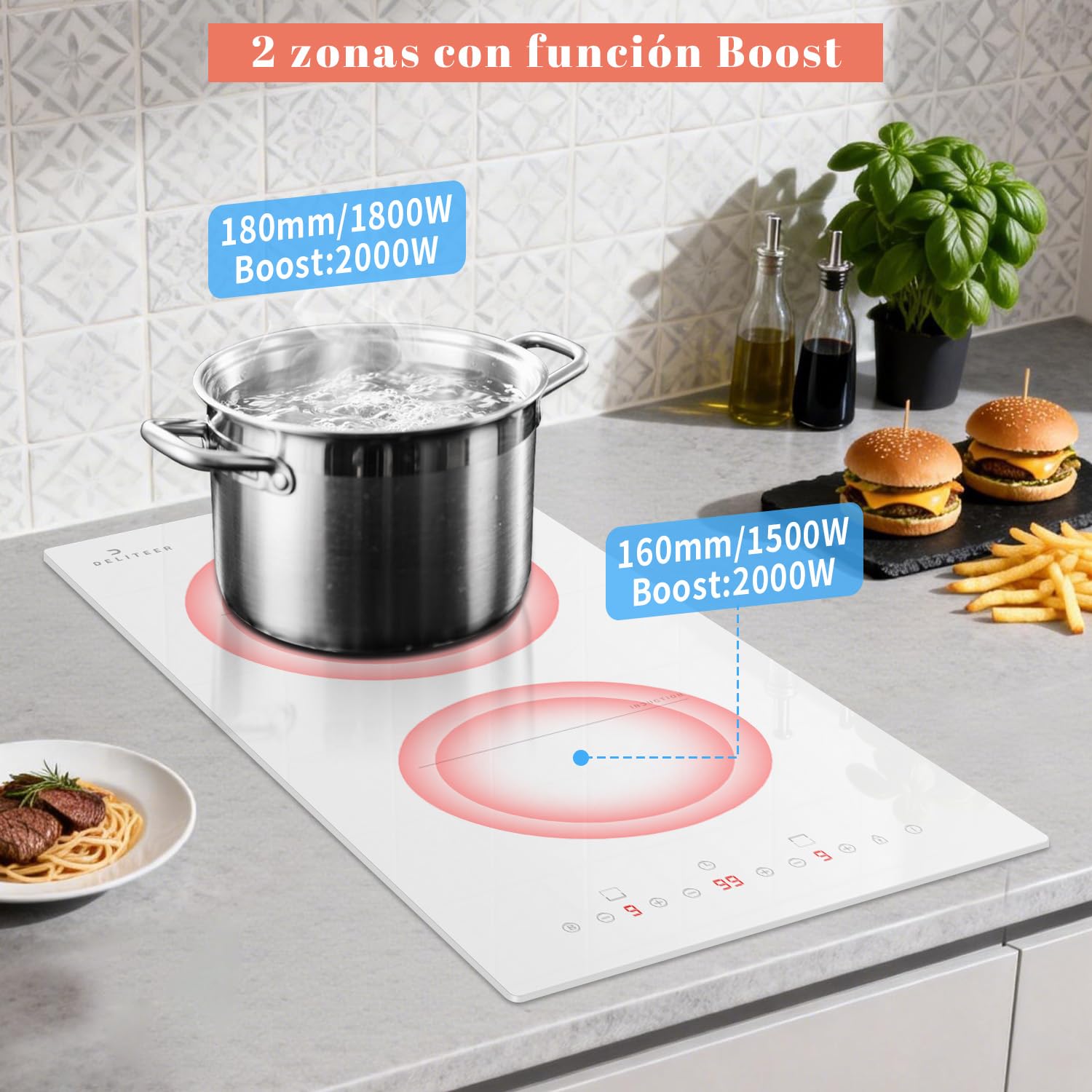 Placa Induccion 2 Fuegos con Enchufe, Induccion Blanco