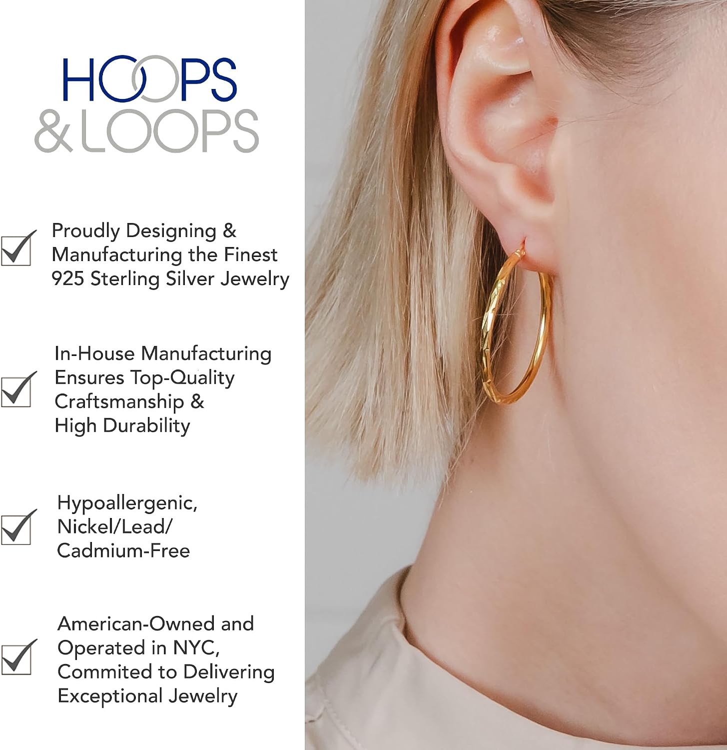 Hoops & Loops 925 Sterling Silver Diamond-Cut Hoop Earrings for Women, 2mm Textured Lightweight Click Top Hoops, 15mm 20mm 25mm 30mm, Silver 14k Yellow Gold & Rose Gold Flash Plated