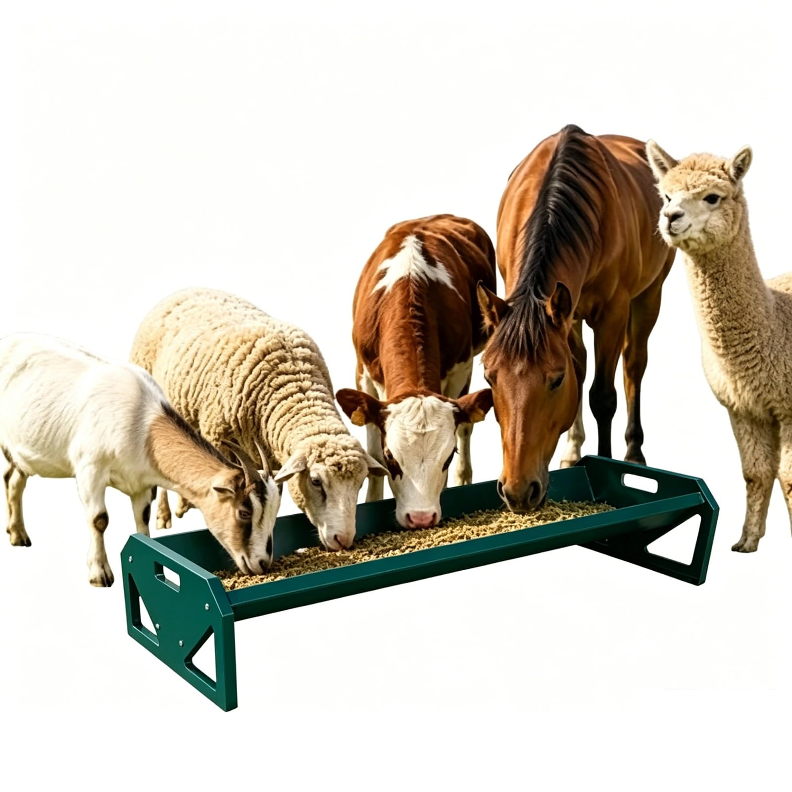 Comedero PortáTil Acero Galvanizado 114 Cm Largo for Ganado, Comedero Uso Rudo con Capacidad Alimentar hasta 10 Cabras, FáCil De Limpiar Apto for Terneros, Ovejas, Caballos, Alpacas(Green)